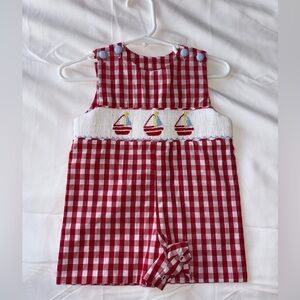 Ruffles and Frogs Red Gingham Baby Romper with Sailboat Embroidery size newborn